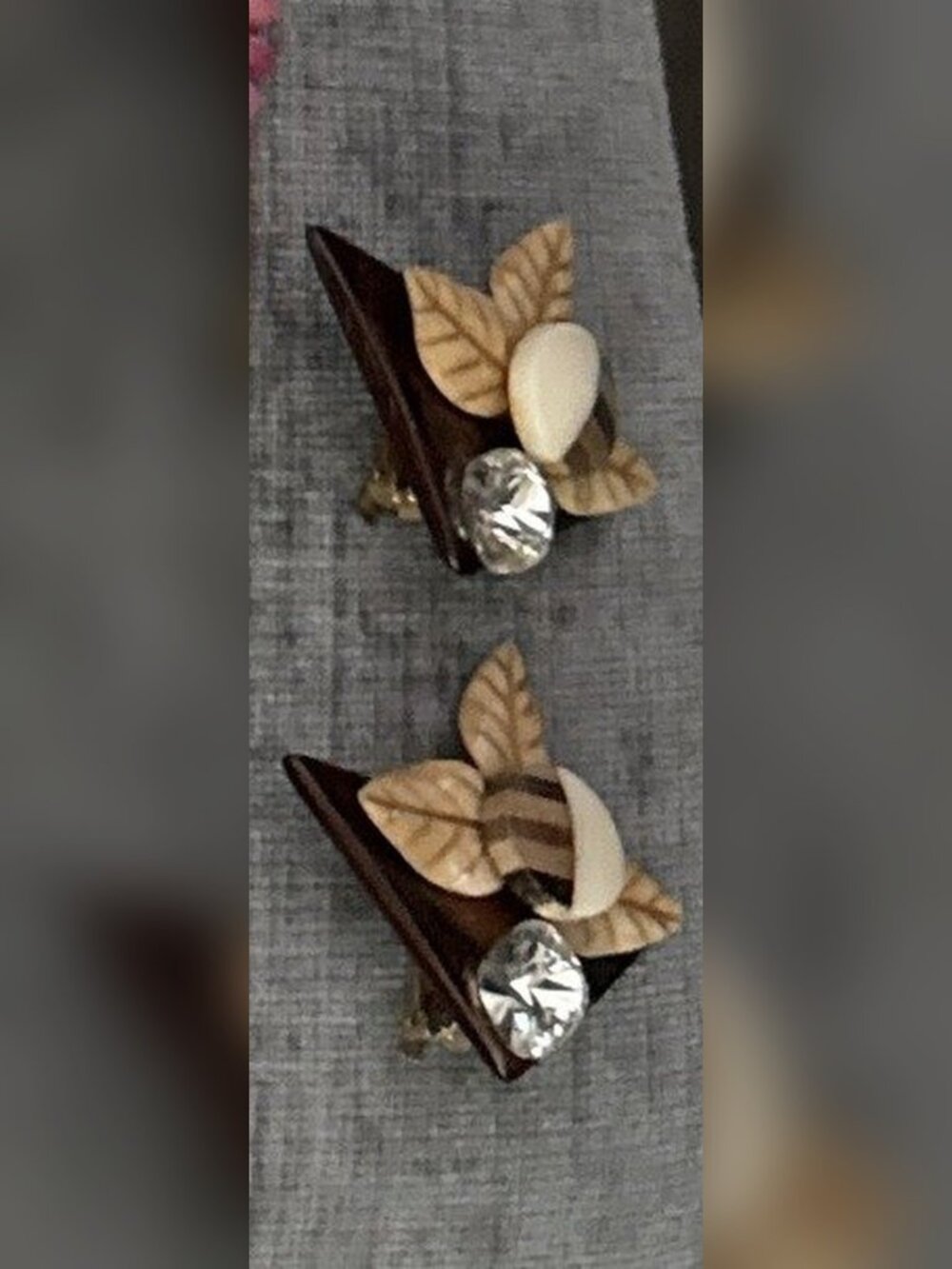 Carved Wood and Bone Leaf Clip-On Earrings